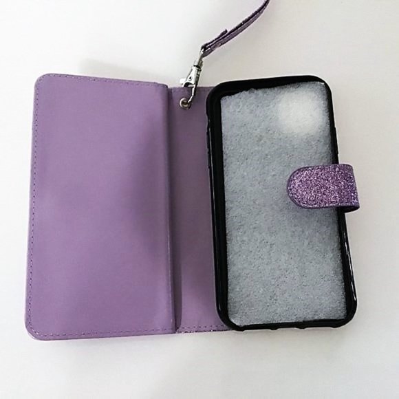 PHONE 11 6.1" GILTTER PURPLE FLIP WALLET WRIST STRAP CARD HOLDER - Picture 10 of 16